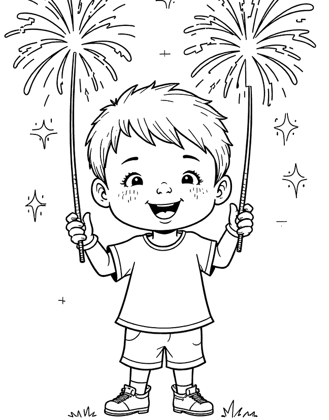 Boy enjoying fireworks coloring page